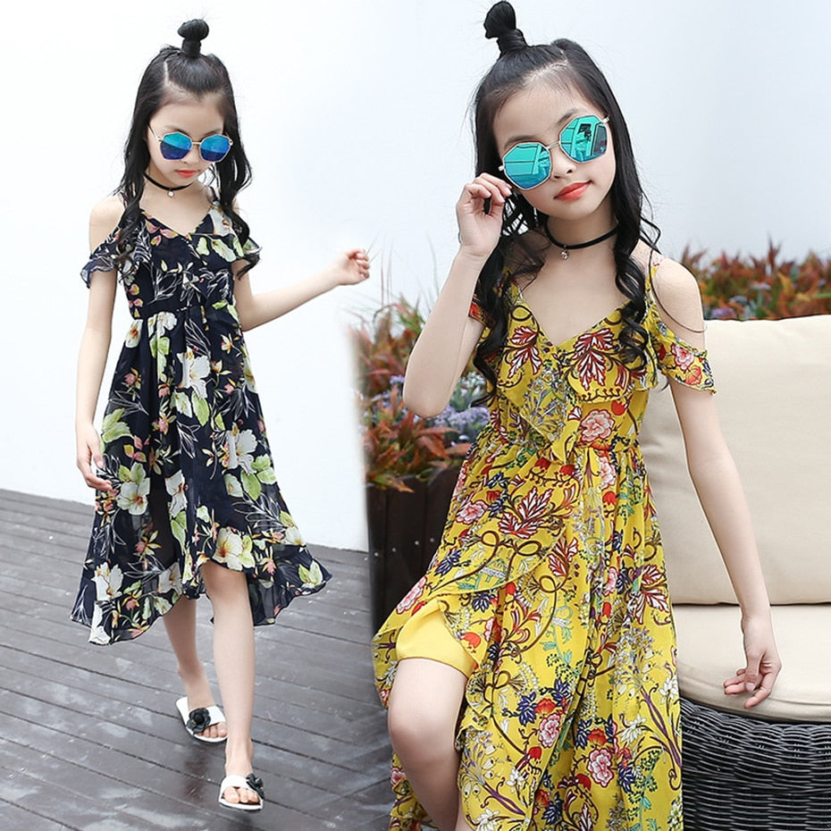 Girls Dress Bohemia Style Dresses Girls Sleeveless Floral Dress For Adolescents 8 10 12 Big Kids Girls Clothes