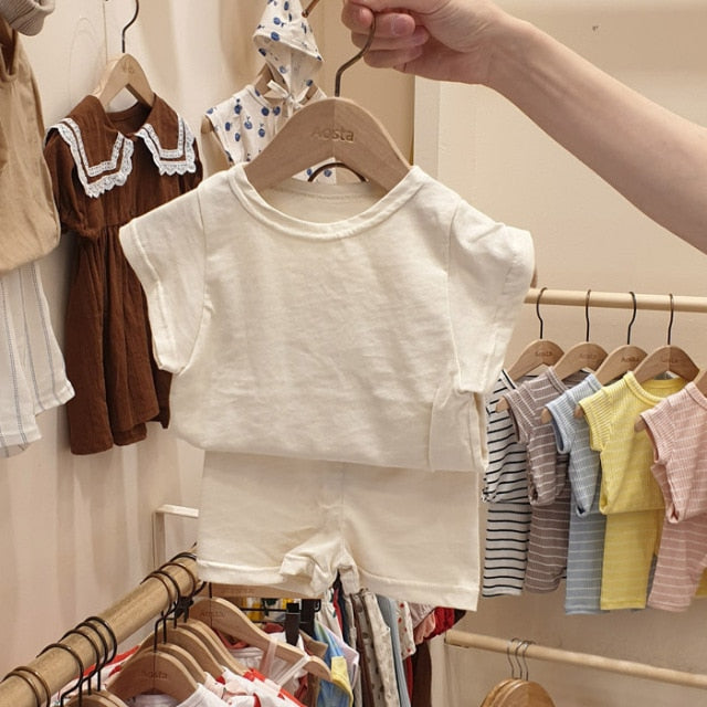 2020 Summer Cotton Baby Clothing Set Solid Girls Tee Boys Short Sleeve T Shirt And Pp Shorts 2pcs Infant Baby Girl Clothes Sets