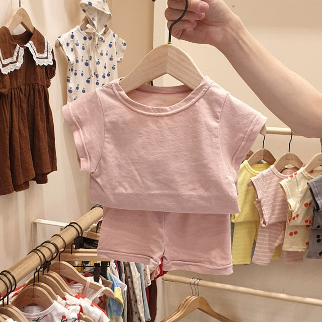 2020 Summer Cotton Baby Clothing Set Solid Girls Tee Boys Short Sleeve T Shirt And Pp Shorts 2pcs Infant Baby Girl Clothes Sets