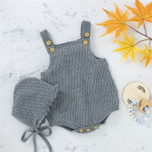 2Pcs Set Baby Knitted Romper Clothes Set Cotton Triangle Crotch Button One-Piece Jumpsuit+Hats Toddler Baby Boys Girls Outfits