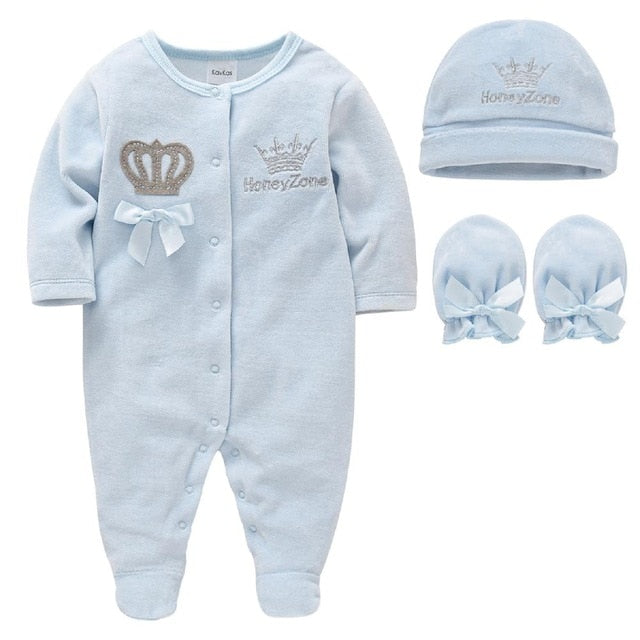 Baby Girls Boys Rompers Royal Crown Clothing Sets with Cap Gloves Infant Newborn One-Pieces Footies Overall Pajamas Velour