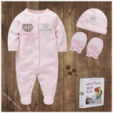 Baby Girls Boys Rompers Royal Crown Clothing Sets with Cap Gloves Infant Newborn One-Pieces Footies Overall Pajamas Velour