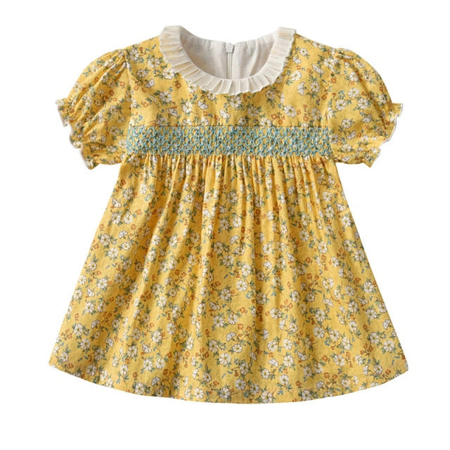 Baby Girls Smock Dress 2021 Summer Children's Floral Print One Piece Kids Short Sleeve Princess Frock Little Girls Cotton Dress