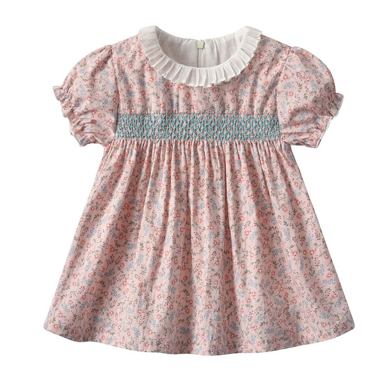Baby Girls Smock Dress 2021 Summer Children's Floral Print One Piece Kids Short Sleeve Princess Frock Little Girls Cotton Dress