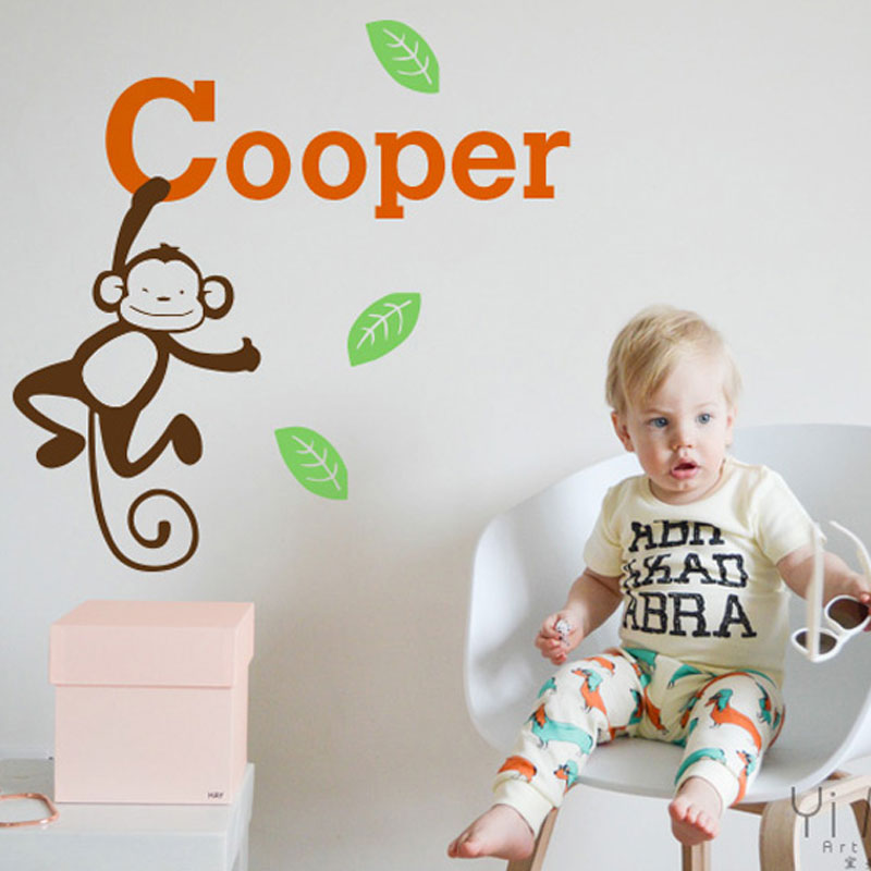 Customized Kids Baby Name Hanging Monkey Monogram Nursery Wall Sticker Decal Wallpaper for Kids Room Home Decoration 70*80CM