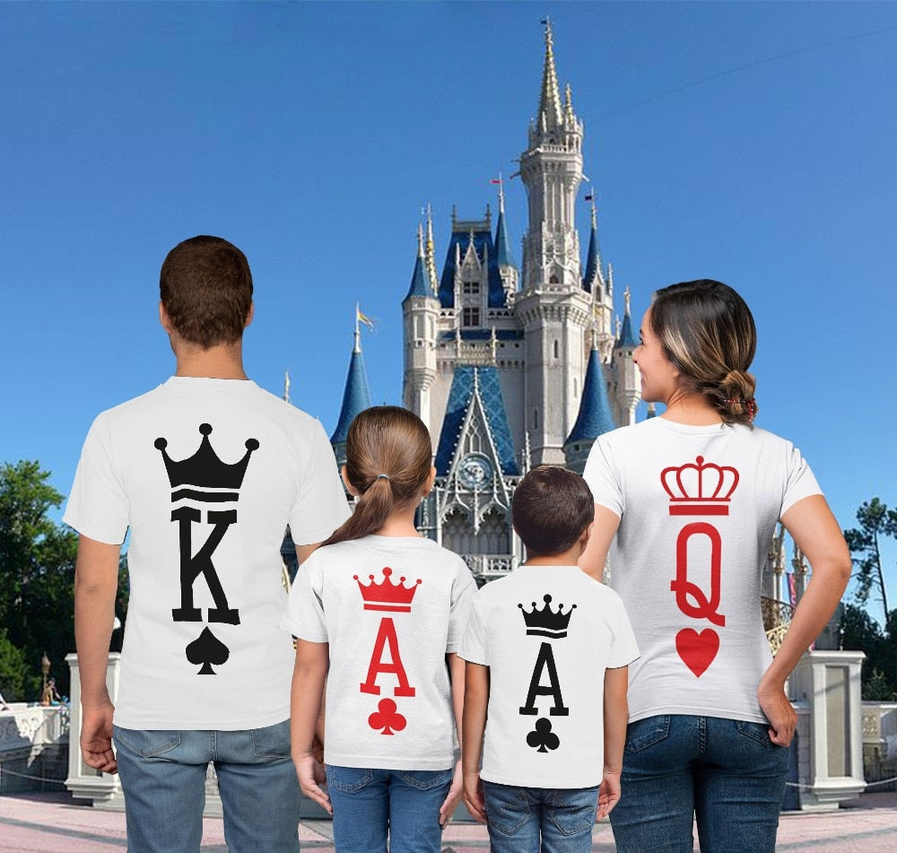 Family Matching Clothes Look Outfits Poker King and Queen Crown Tshirts Pure Cotton Short Sleeve White Round Neck Tees Clothes