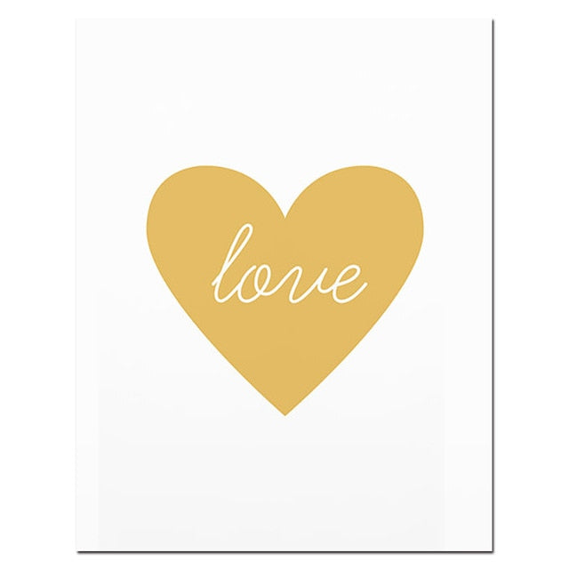 Gold Nursery Poster Print Gold Heart Love Word Gold Foil Canvas Painting Modern Diamond Wall Art Poster Living Room Home Decor