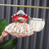 Lolita Baby Girls Sweet Floral Dress+short Pants Sets Summer Embroidery Princess Bow Clothes Set Kids Birthday Party Suits