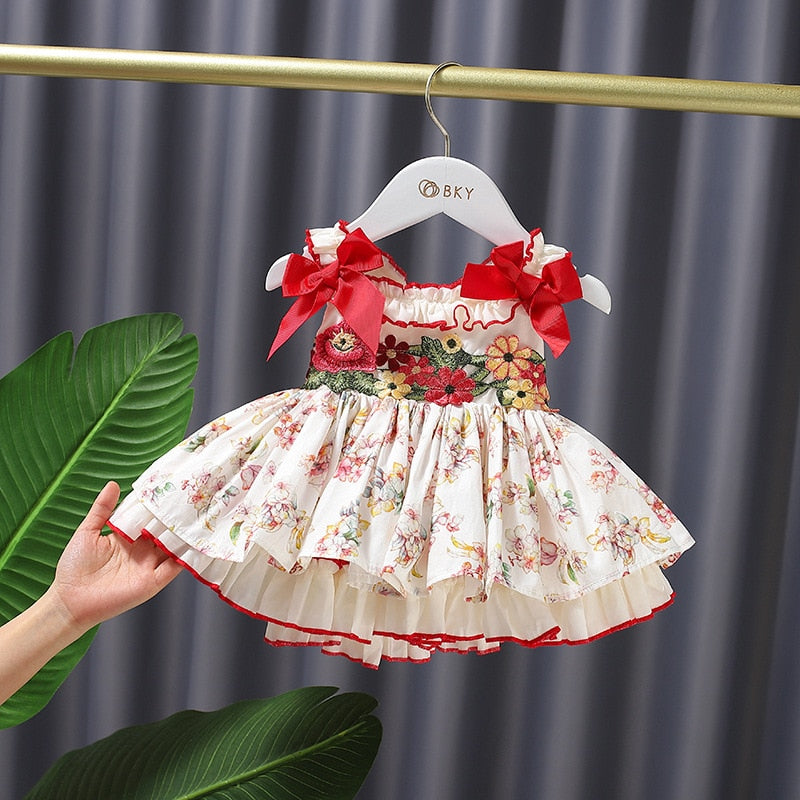 Lolita Baby Girls Sweet Floral Dress+short Pants Sets Summer Embroidery Princess Bow Clothes Set Kids Birthday Party Suits