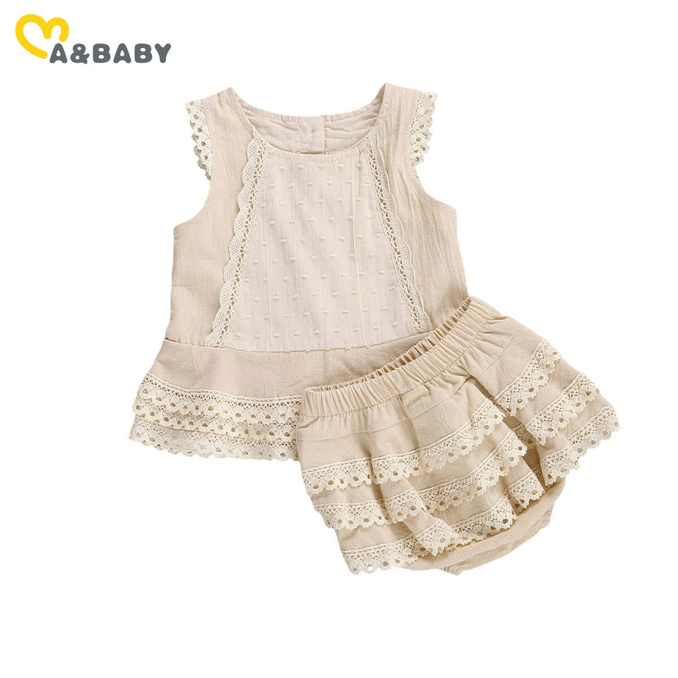 Ma&Baby  6m-4Y Infant Toddler Baby Kid Girls Clothes Set Summer Lace Ruffles Vest T shirt Top Shorts Bloomers Outfits Vintage