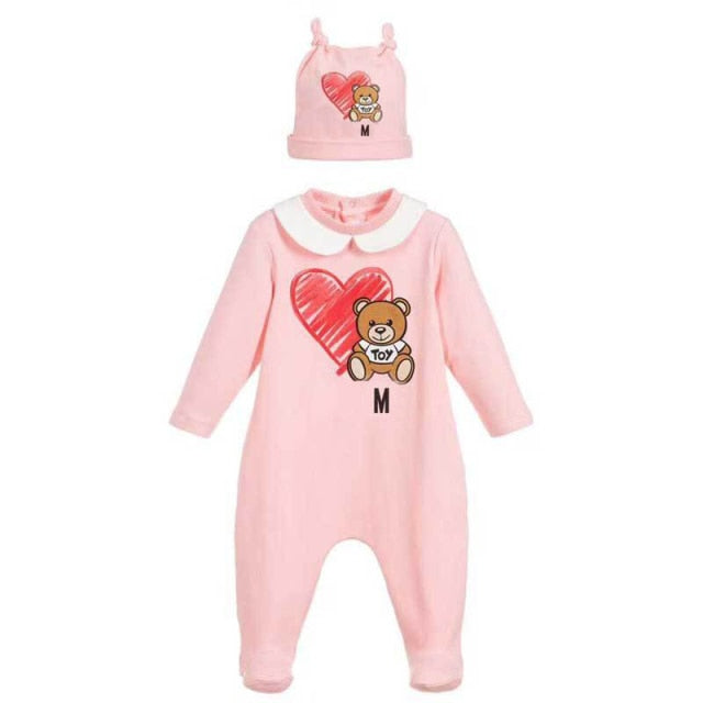New 2021 fashion high quality newborn baby girl clothes Cotton print cute cartoon bear new born baby boy romper and hat Bibs Set