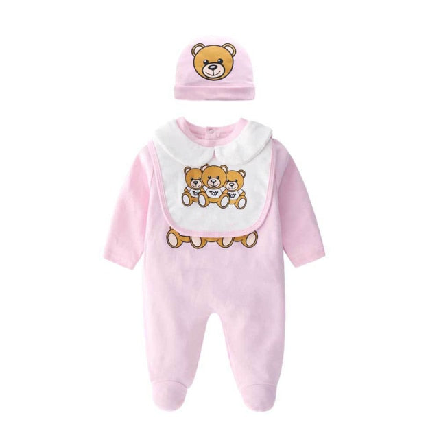 New 2021 fashion high quality newborn baby girl clothes Cotton print cute cartoon bear new born baby boy romper and hat Bibs Set