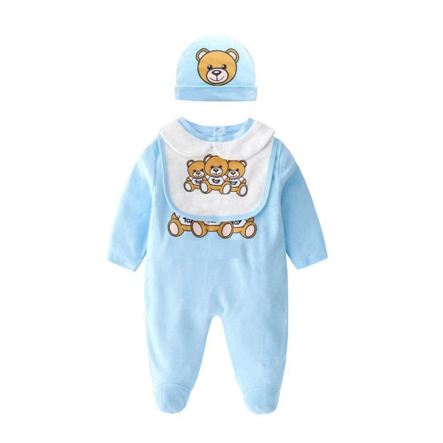 New 2021 fashion high quality newborn baby girl clothes Cotton print cute cartoon bear new born baby boy romper and hat Bibs Set