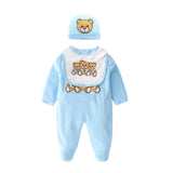 New 2021 fashion high quality newborn baby girl clothes Cotton print cute cartoon bear new born baby boy romper and hat Bibs Set