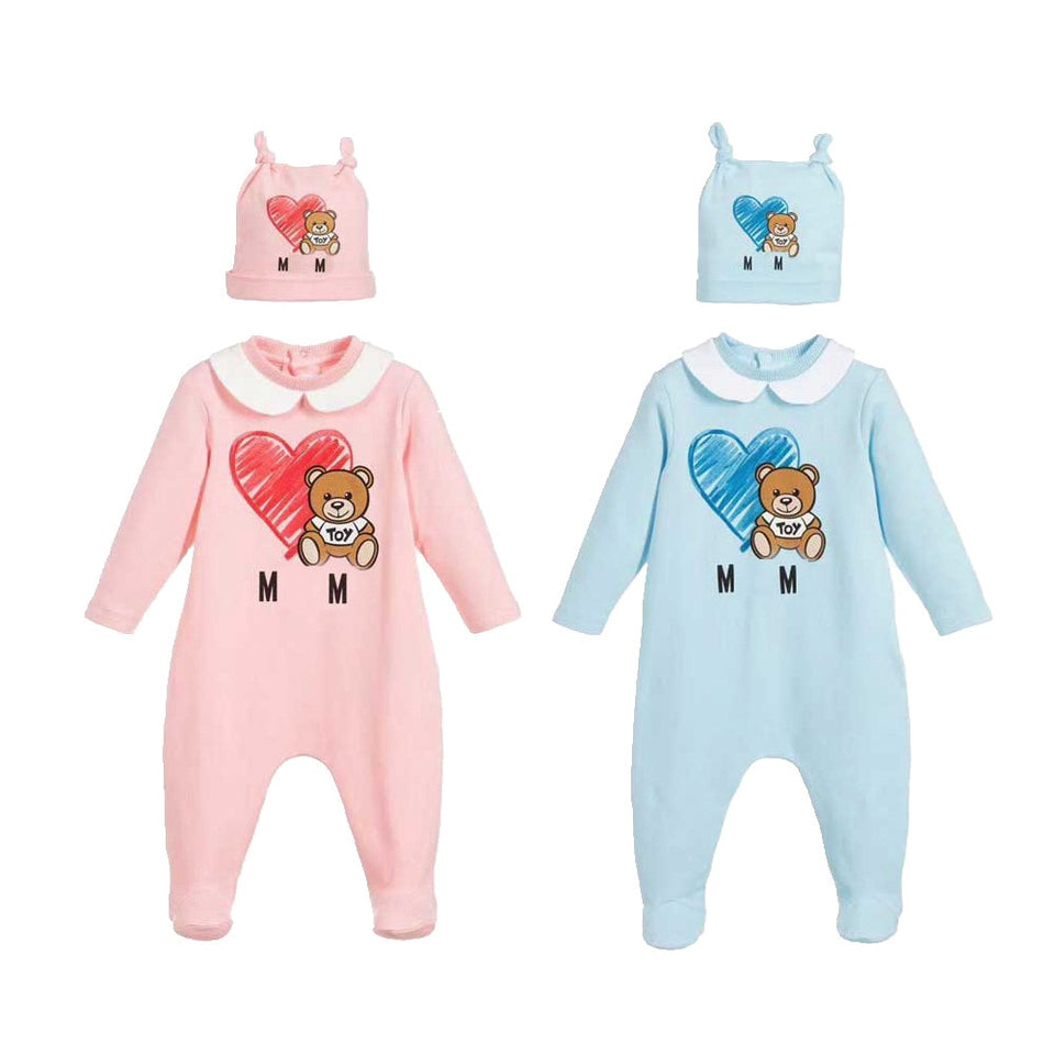New 2021 fashion high quality newborn baby girl clothes Cotton print cute cartoon bear new born baby boy romper and hat Bibs Set