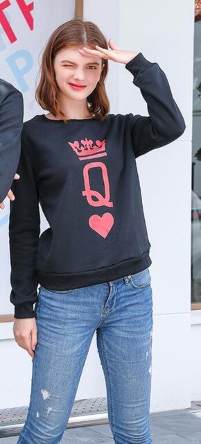 New Autumn Winter Unisex Long Sleeve King Queen Pullovers Sweatshirts Black Streetwear Women Fall Hoodies Sudaderas Mujer 2019