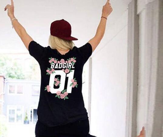 New Matching Couple Lover T Shirts Women 2018 Summer Fashion T-shirts Letter BAD GIRL BAD BOY 01 Flowers Print Tees for loved