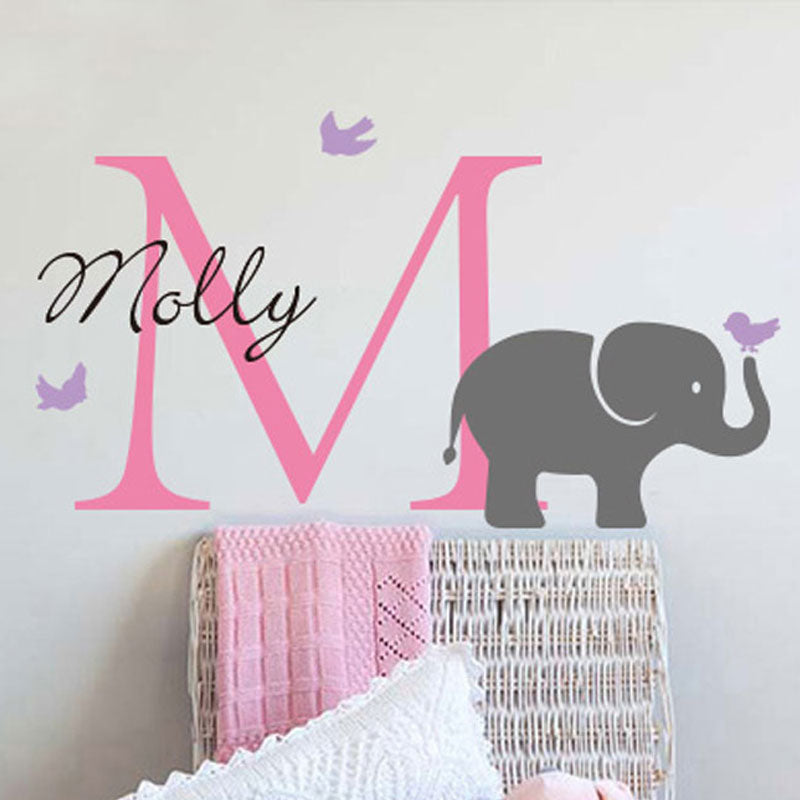 Personalized Custom Initial Name Elephant Wall Sticker Birds Girls Baby Nursery Wallpaper for Kids Room Home Decoration 45*90CM