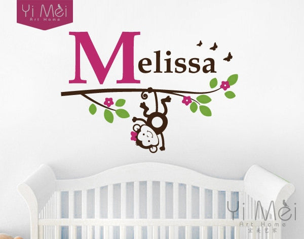 Personalized Custom Name Wall Sticker Girl Monkey Blossom Branch Wallpaper Tree for Kids Bedroom Room Home Decoration 60* 85CM