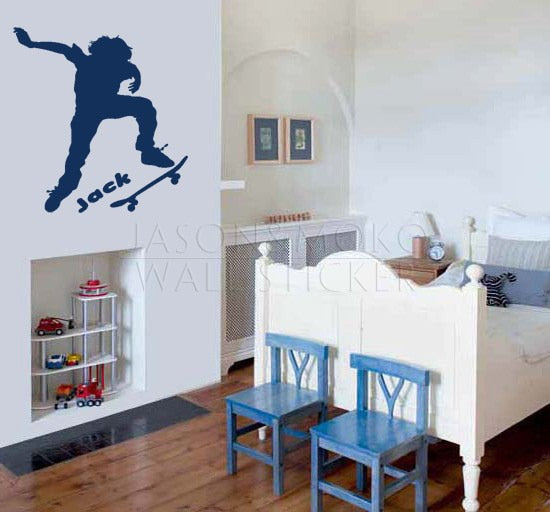 Personalized Customized Name Vinyl Wall Decal Art Sticker Skateboarder for Baby Nursery Kids Room Wallpaper Art 58*66CM