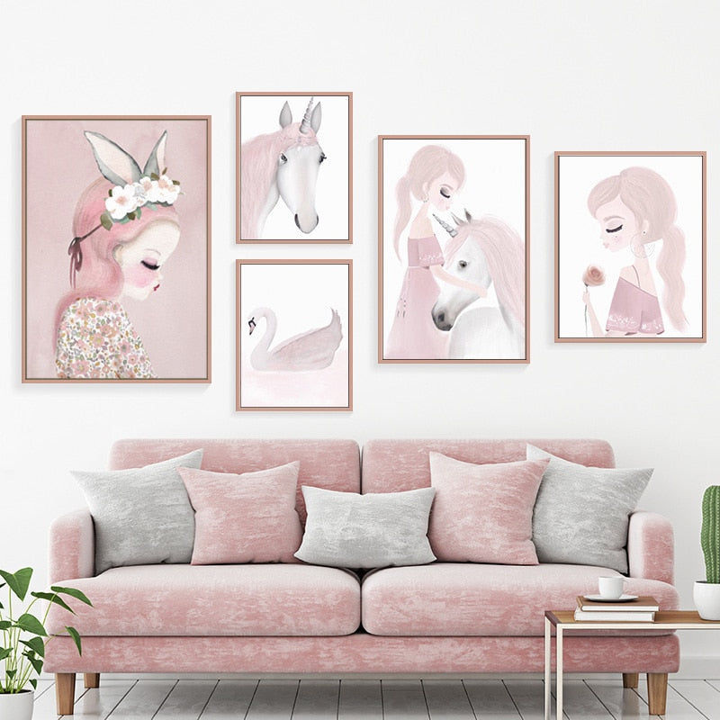 Pink Unicorn Swan Girl Canvas Painting Print Wall Pictures For Kids Room Canvas Painting Baby Room Wall Art Picture Poster