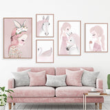 Pink Unicorn Swan Girl Canvas Painting Print Wall Pictures For Kids Room Canvas Painting Baby Room Wall Art Picture Poster