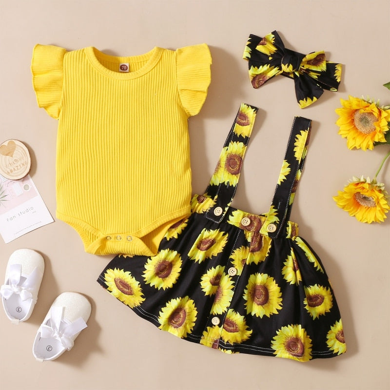 Summer Baby Girl Floral Print Clothing Newborn Flare Sleeve Romper Strap Skirts With Headband Costume Sets