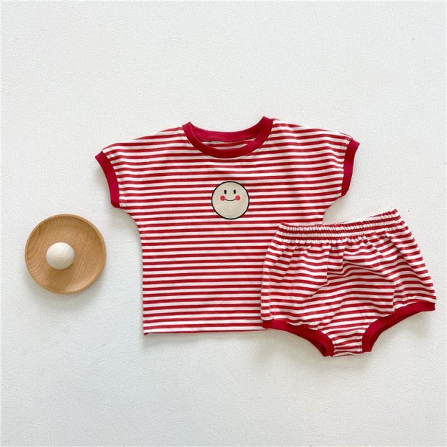 Summer New Toddler Baby Boy Clothes Set Girl Boy Cotton Stripe Cartoon Pattern Short Sleeve Tops + Kid Loose Bread Pants 2pcs
