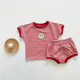 Summer New Toddler Baby Boy Clothes Set Girl Boy Cotton Stripe Cartoon Pattern Short Sleeve Tops + Kid Loose Bread Pants 2pcs