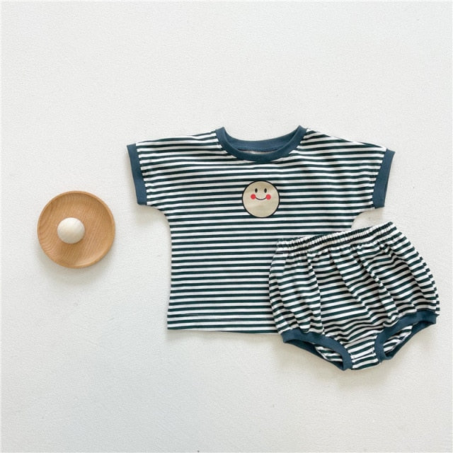 Summer New Toddler Baby Boy Clothes Set Girl Boy Cotton Stripe Cartoon Pattern Short Sleeve Tops + Kid Loose Bread Pants 2pcs