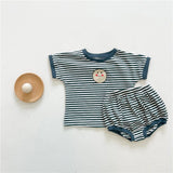 Summer New Toddler Baby Boy Clothes Set Girl Boy Cotton Stripe Cartoon Pattern Short Sleeve Tops + Kid Loose Bread Pants 2pcs