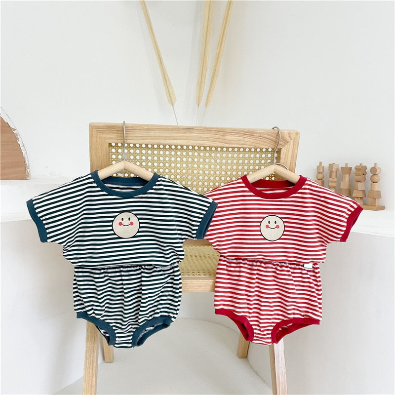 Summer New Toddler Baby Boy Clothes Set Girl Boy Cotton Stripe Cartoon Pattern Short Sleeve Tops + Kid Loose Bread Pants 2pcs