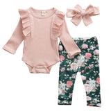 Toddler Baby Girls Christmas Clothes Long Sleeve Ruffle round neck Bodysuit bow solid Headband Flower print Trouser 3pc Outfits