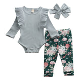 Toddler Baby Girls Christmas Clothes Long Sleeve Ruffle round neck Bodysuit bow solid Headband Flower print Trouser 3pc Outfits