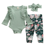 Toddler Baby Girls Christmas Clothes Long Sleeve Ruffle round neck Bodysuit bow solid Headband Flower print Trouser 3pc Outfits